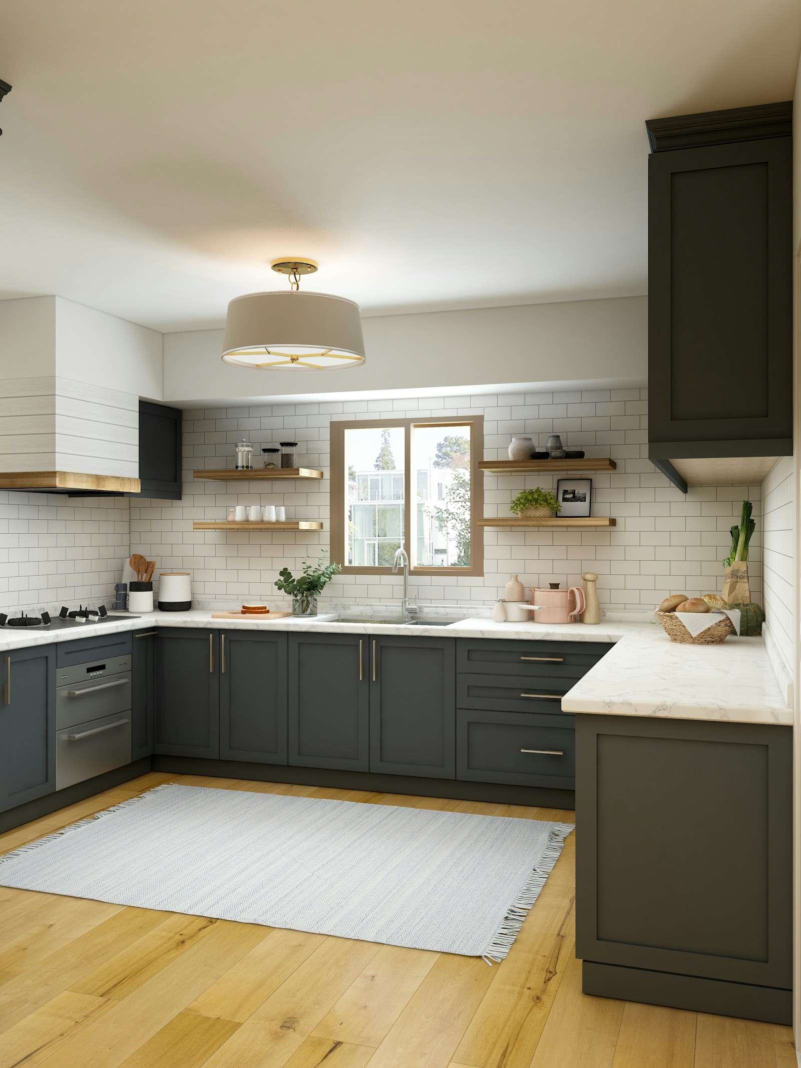 Cocina moderna reformada con mobiliario oscuro y encimera clara